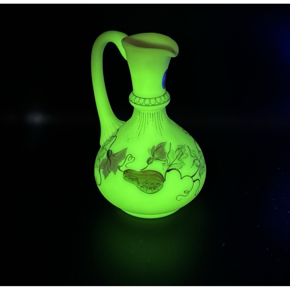 Fenton Burmese Golden Gourds Pitcher Ewer Signed UV Glow Gold Accents Art Glass